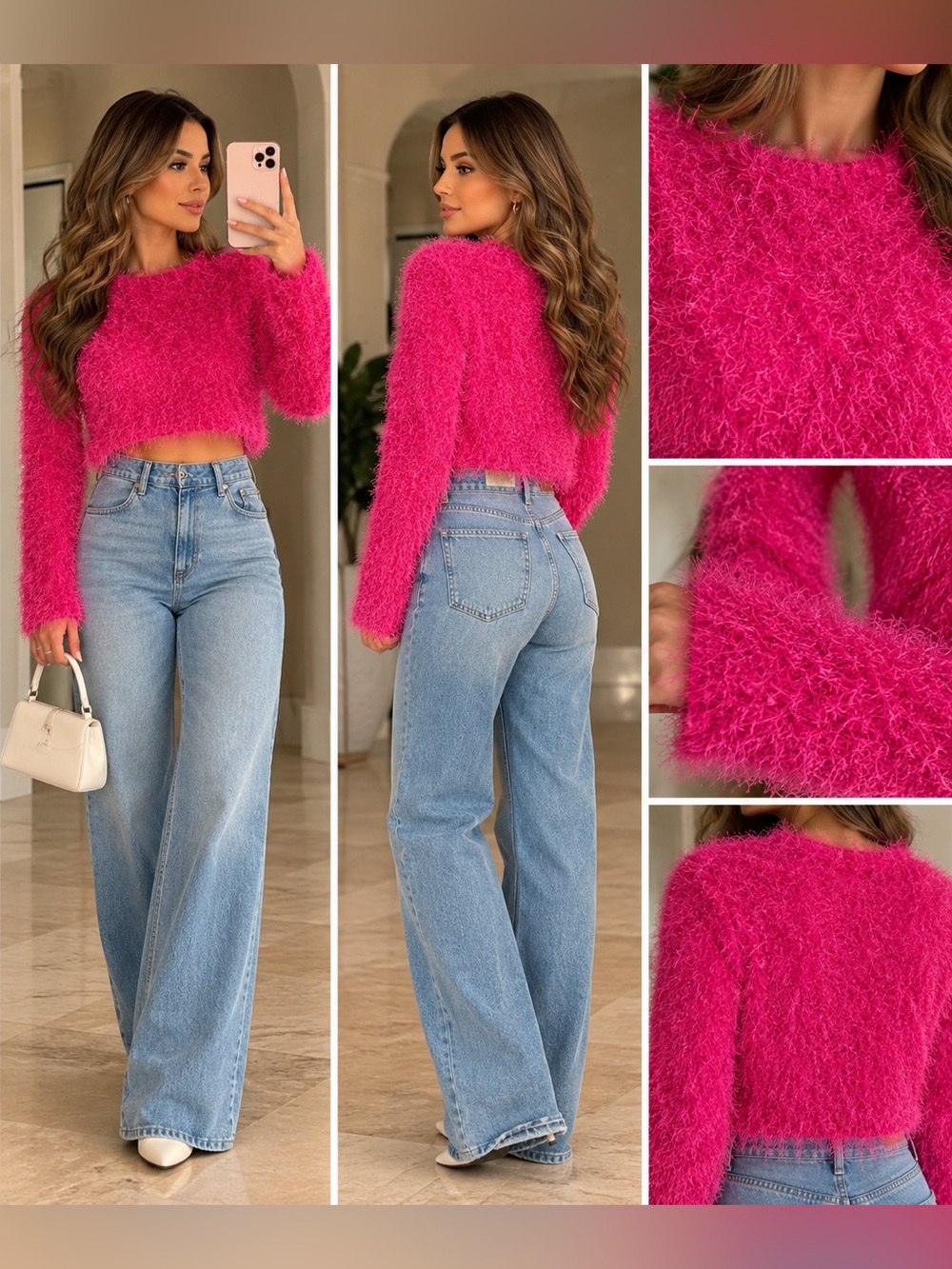 Women’s Hot Pink Fuzzy Cropped Sweater Jeans Outfit